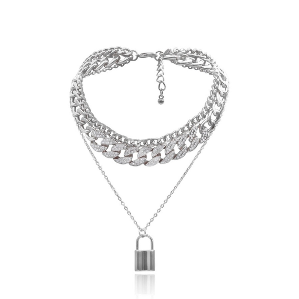 Silver Unisex Multilayer Padlock Chain Necklace - Picture 5 of 6
